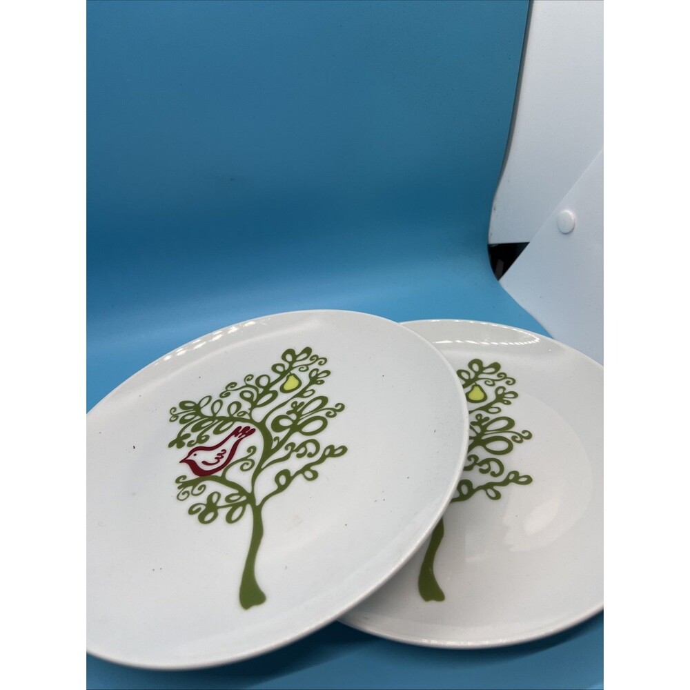 2 Crate and Barrel 8" Christmas Plates Partridge In A Pear Tree winter bird